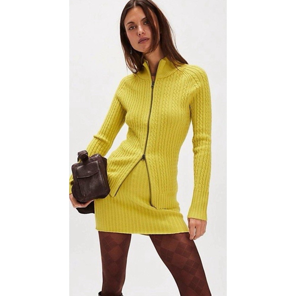 Free People Eliza Mini Skirt Sweater Set, size XS,‎ color Chartreuse NWT
